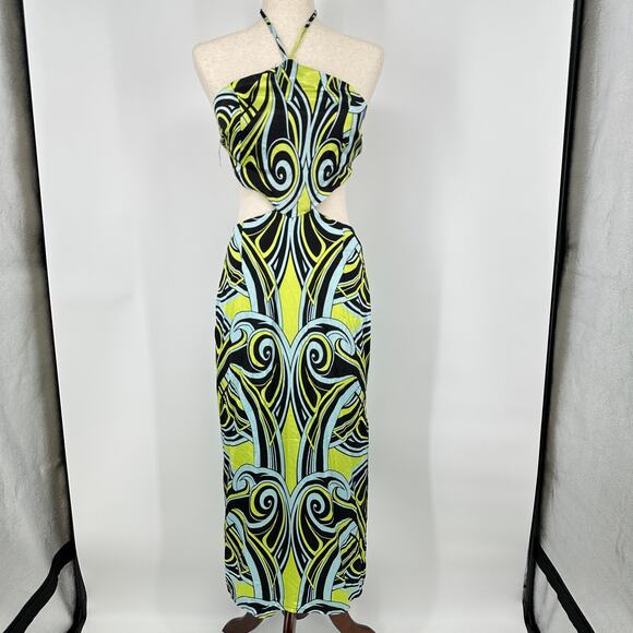 Topshop Abstract Green Blue Swirl Halter Side Cutout Dress Womens US Size 4 - Picture 2 of 12